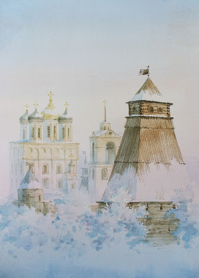 Картина Елены Стефанской. Морозным утром у Кремля, акварель